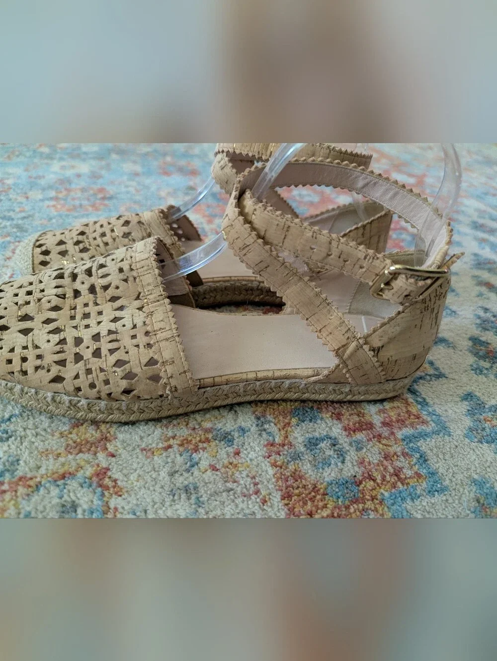 Stuart Weitzman Womens 9.5 M Ozarks Gold Fleck Cork Espadrille Flats Ankle Strap